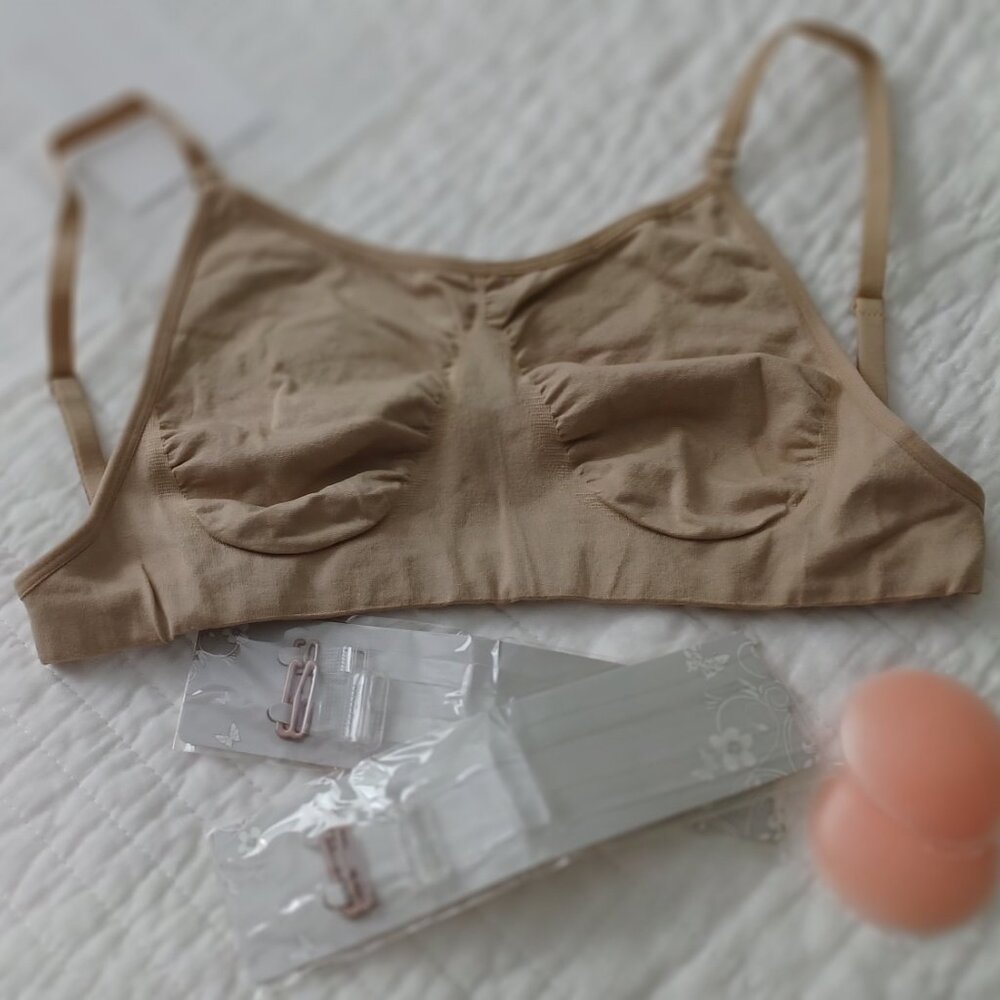 New iMucc Dance Bra   Sz XL   Beige   Solid and Clear Back and Straps
